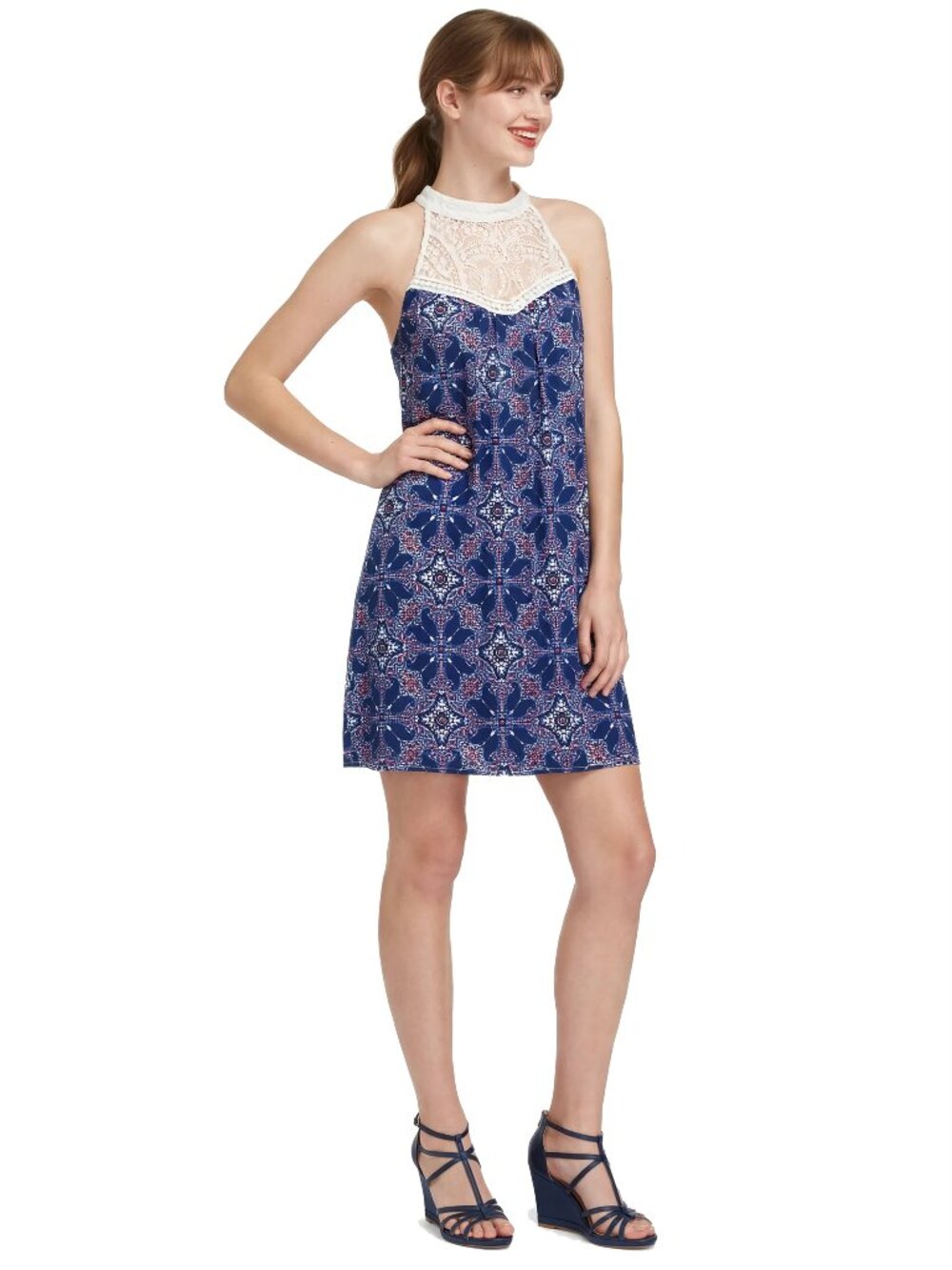 As U Wish Rayon & Lace Shift Choker Dress with Keyhole Close Aztec Floral M-L